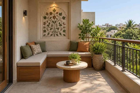 AI-generated outdoor concept: corner apartment balcony, inlay atelier direction