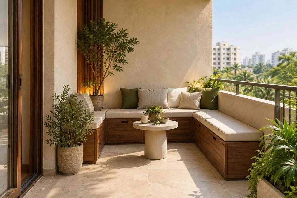 AI-generated outdoor concept: corner apartment balcony, lime and walnut direction