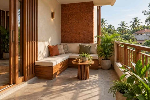 AI-generated outdoor concept: corner apartment balcony, malabar timber direction