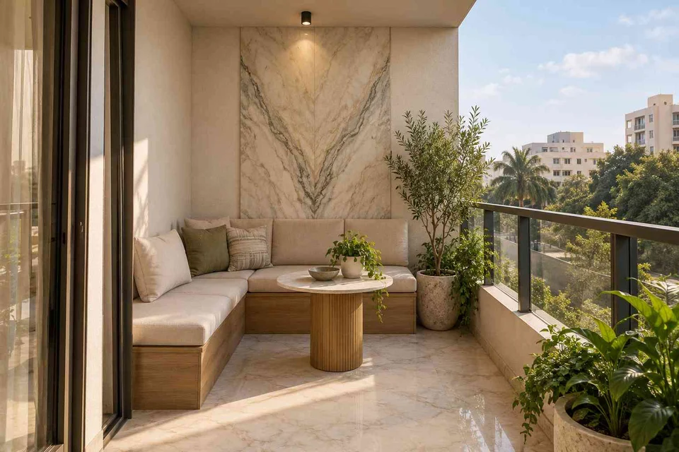 AI-generated outdoor concept: corner apartment balcony, marble restraint direction
