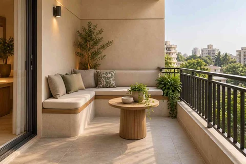 AI-generated outdoor concept: corner apartment balcony, quiet contemporary direction