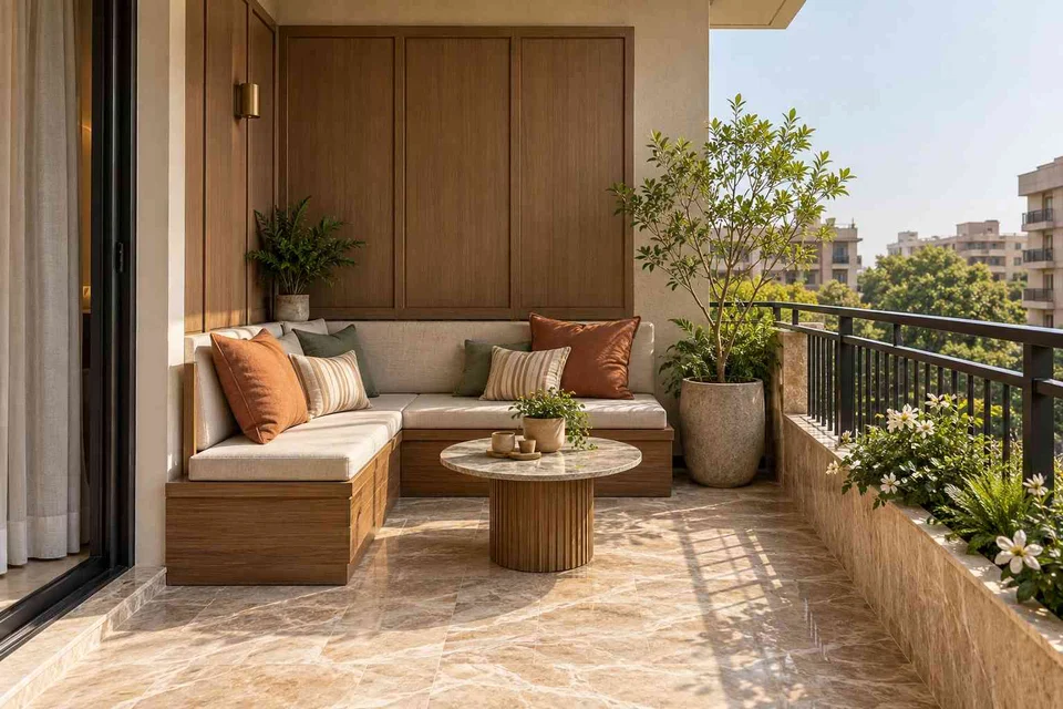 AI-generated outdoor concept: corner apartment balcony, quiet transitional direction