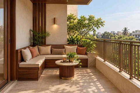 AI-generated outdoor concept: corner apartment balcony, rosewood brass direction