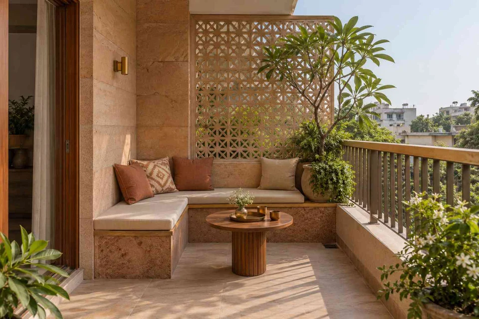 AI-generated outdoor concept: corner apartment balcony, sandstone lattice direction