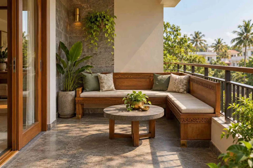 AI-generated outdoor concept: corner apartment balcony, teak craft direction