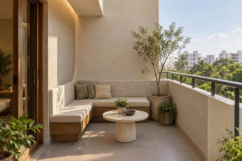 AI-generated outdoor concept: corner apartment balcony, textured mineral direction