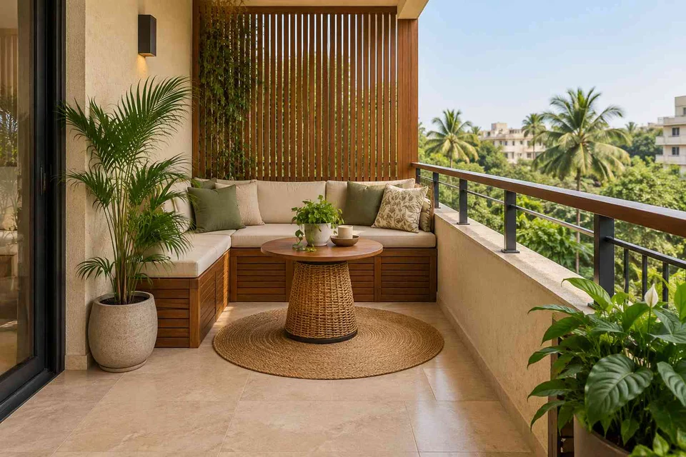 AI-generated outdoor concept: corner apartment balcony, tropical slatted direction