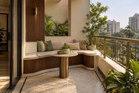 AI-generated outdoor concept: corner apartment balcony, urban deco direction