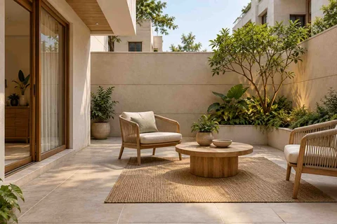AI-generated outdoor concept: courtyard conversation, ash and linen direction