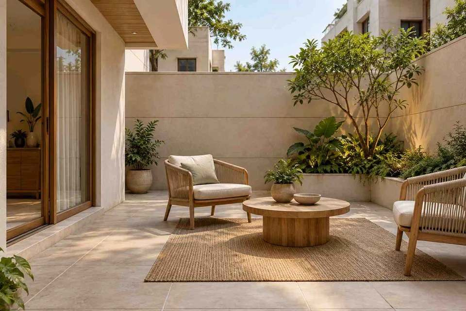 AI-generated outdoor concept: courtyard conversation, ash and linen direction