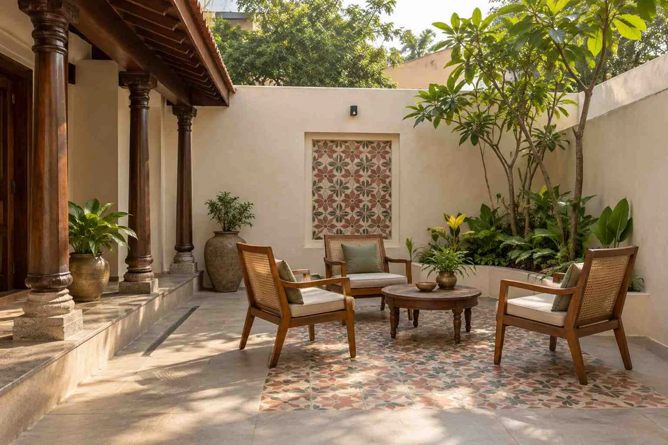 AI-generated outdoor concept: courtyard conversation, chettinad tile direction