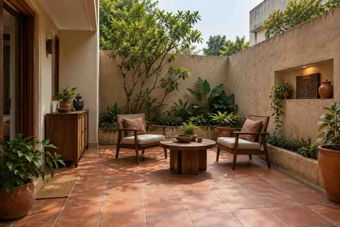 AI-generated outdoor concept: courtyard conversation, clay artisan direction