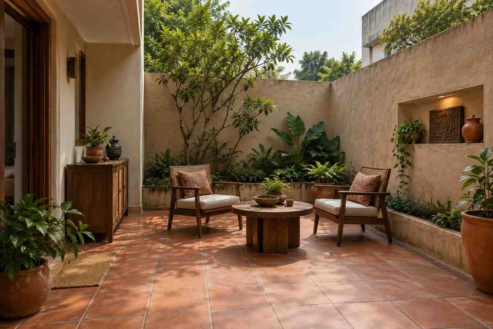 AI-generated outdoor concept: courtyard conversation, clay artisan direction