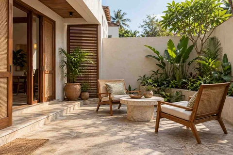 AI-generated outdoor concept: courtyard conversation, coastal woven direction