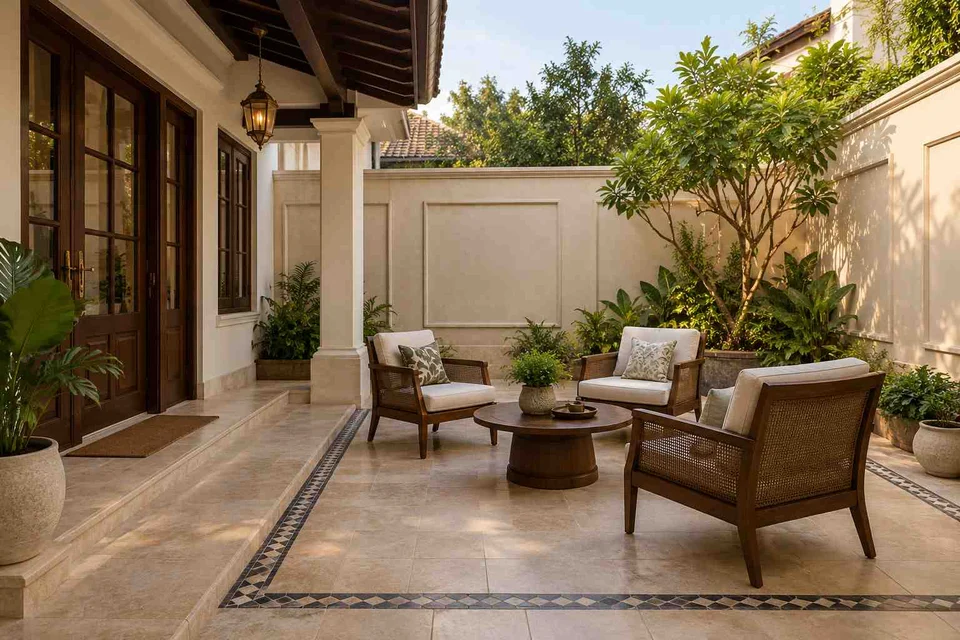 AI-generated outdoor concept: courtyard conversation, colonial quiet direction