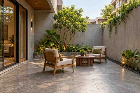 AI-generated outdoor concept: courtyard conversation, concrete and oak direction