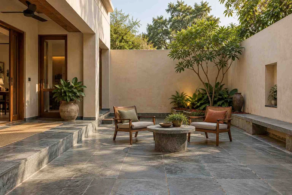 AI-generated outdoor concept: courtyard conversation, courtyard modern direction
