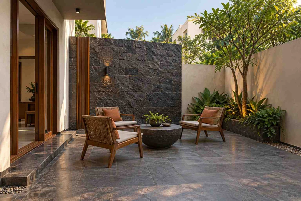 AI-generated outdoor concept: courtyard conversation, deccan stone direction