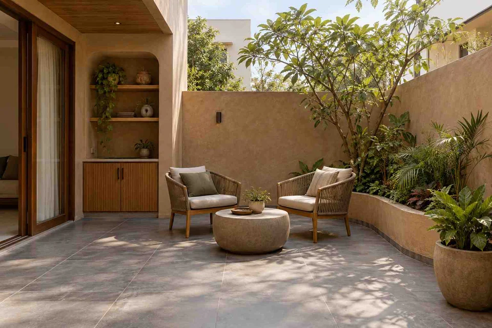AI-generated outdoor concept: courtyard conversation, earth and bamboo direction