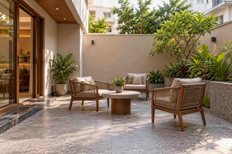 AI-generated outdoor concept: courtyard conversation, granite precision direction