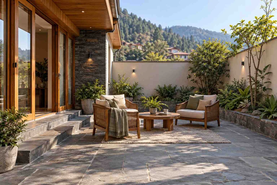 AI-generated outdoor concept: courtyard conversation, hill timber direction