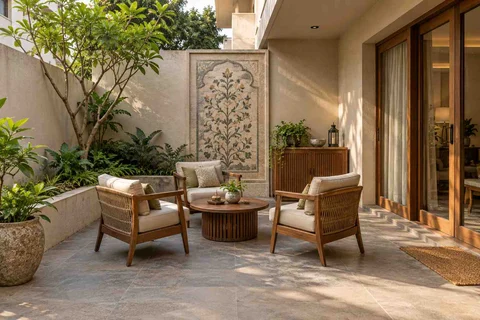 AI-generated outdoor concept: courtyard conversation, inlay atelier direction