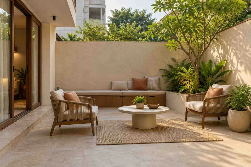 AI-generated outdoor concept: courtyard conversation, lime and walnut direction