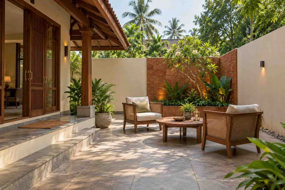 AI-generated outdoor concept: courtyard conversation, malabar timber direction