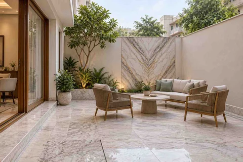 AI-generated outdoor concept: courtyard conversation, marble restraint direction