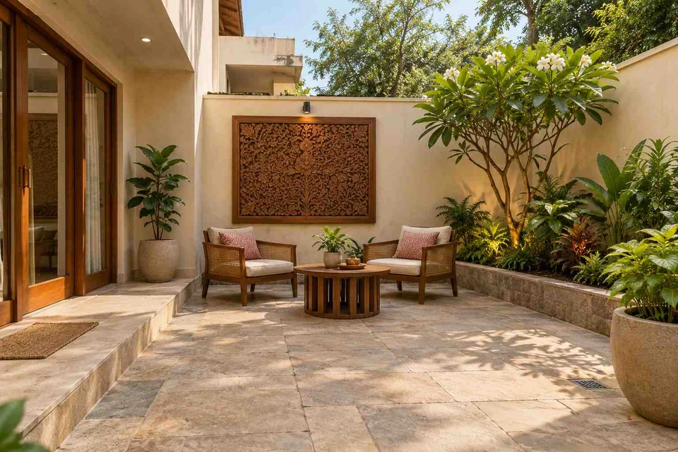 AI-generated outdoor concept: courtyard conversation, modern carved direction