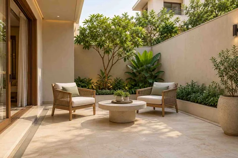 AI-generated outdoor concept: courtyard conversation, quiet contemporary direction