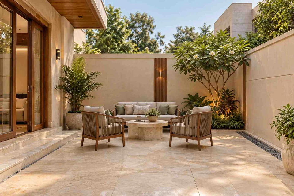 AI-generated outdoor concept: courtyard conversation, quiet transitional direction