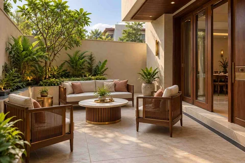 AI-generated outdoor concept: courtyard conversation, rosewood brass direction