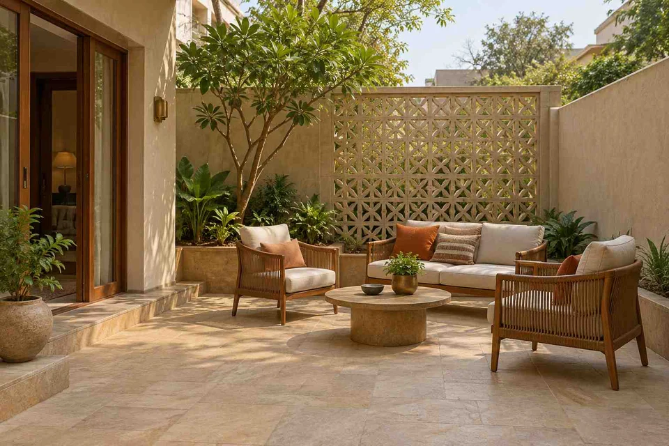 AI-generated outdoor concept: courtyard conversation, sandstone lattice direction