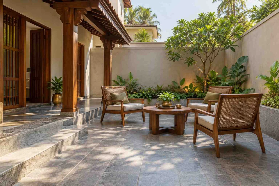 AI-generated outdoor concept: courtyard conversation, teak craft direction