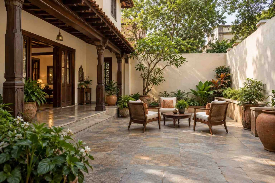 AI-generated outdoor concept: courtyard conversation, terracotta heritage direction