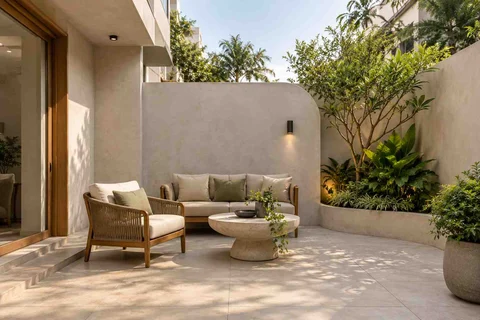 AI-generated outdoor concept: courtyard conversation, textured mineral direction