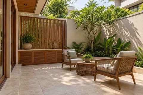 AI-generated outdoor concept: courtyard conversation, tropical slatted direction