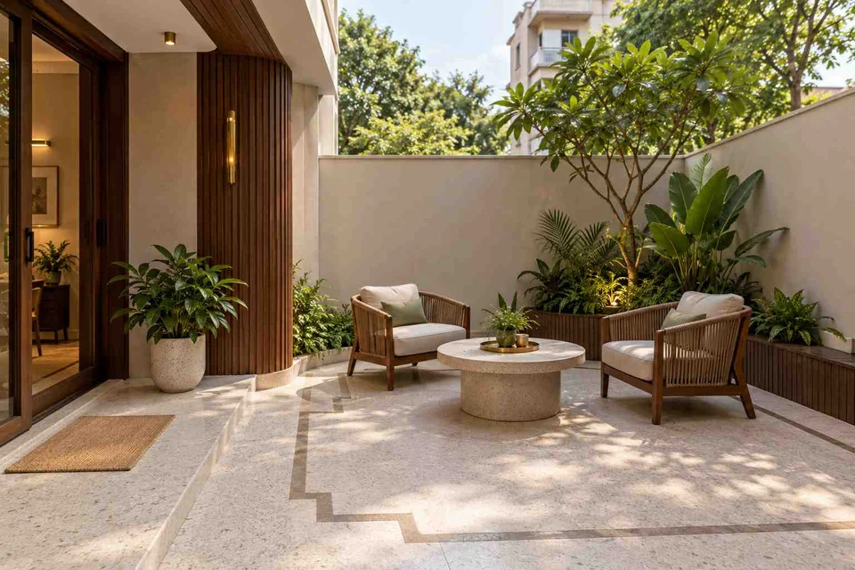 AI-generated outdoor concept: courtyard conversation, urban deco direction