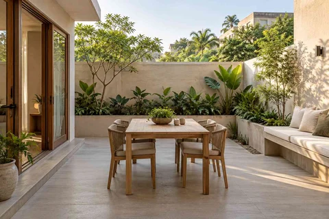 AI-generated outdoor concept: courtyard dining nook, ash and linen direction