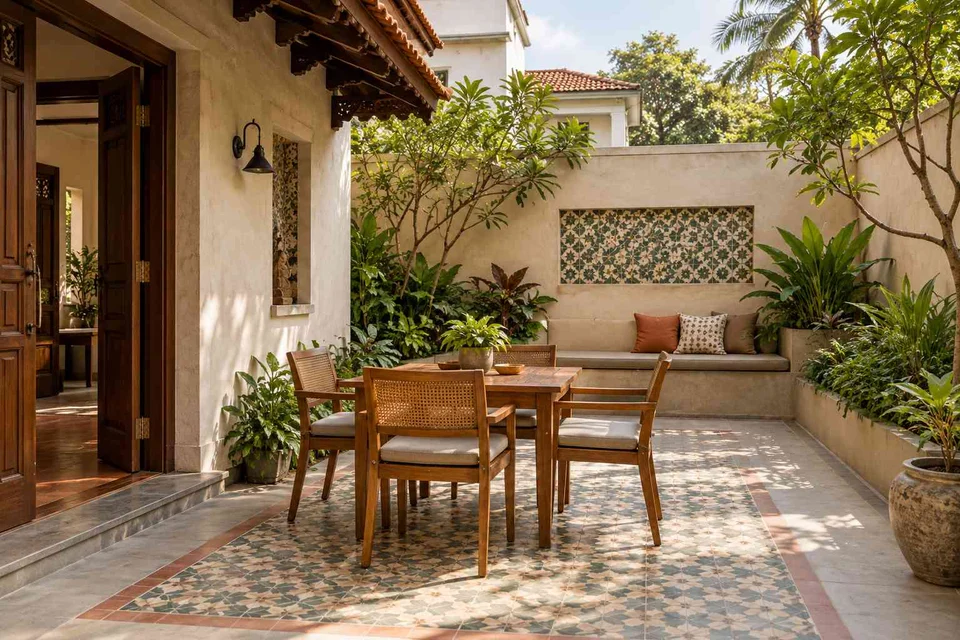 AI-generated outdoor concept: courtyard dining nook, chettinad tile direction