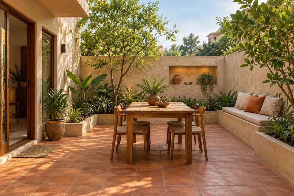 AI-generated outdoor concept: courtyard dining nook, clay artisan direction