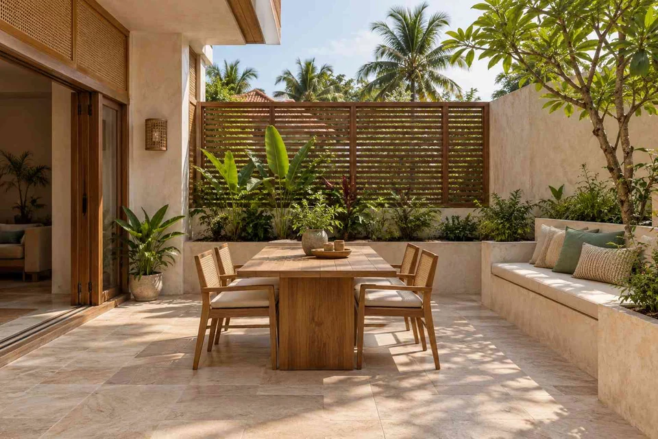 AI-generated outdoor concept: courtyard dining nook, coastal woven direction