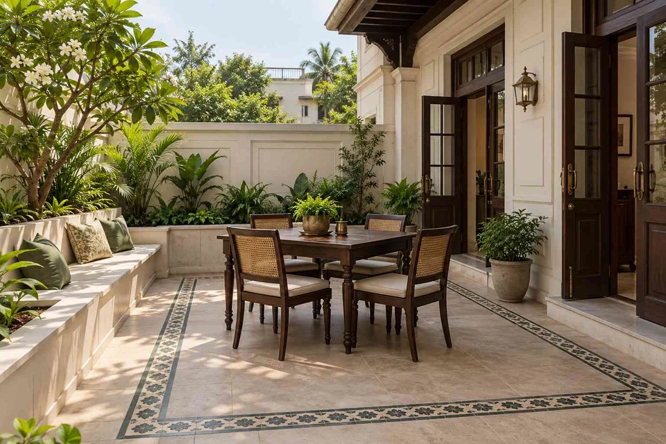 AI-generated outdoor concept: courtyard dining nook, colonial quiet direction
