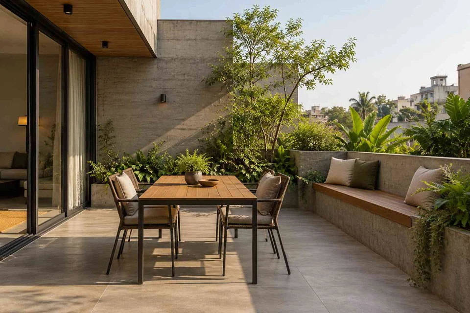 AI-generated outdoor concept: courtyard dining nook, concrete and oak direction