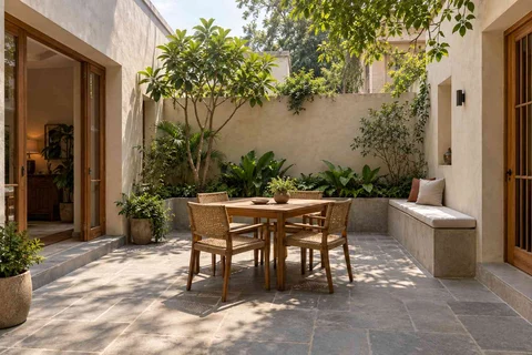 AI-generated outdoor concept: courtyard dining nook, courtyard modern direction
