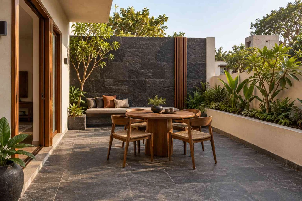 AI-generated outdoor concept: courtyard dining nook, deccan stone direction