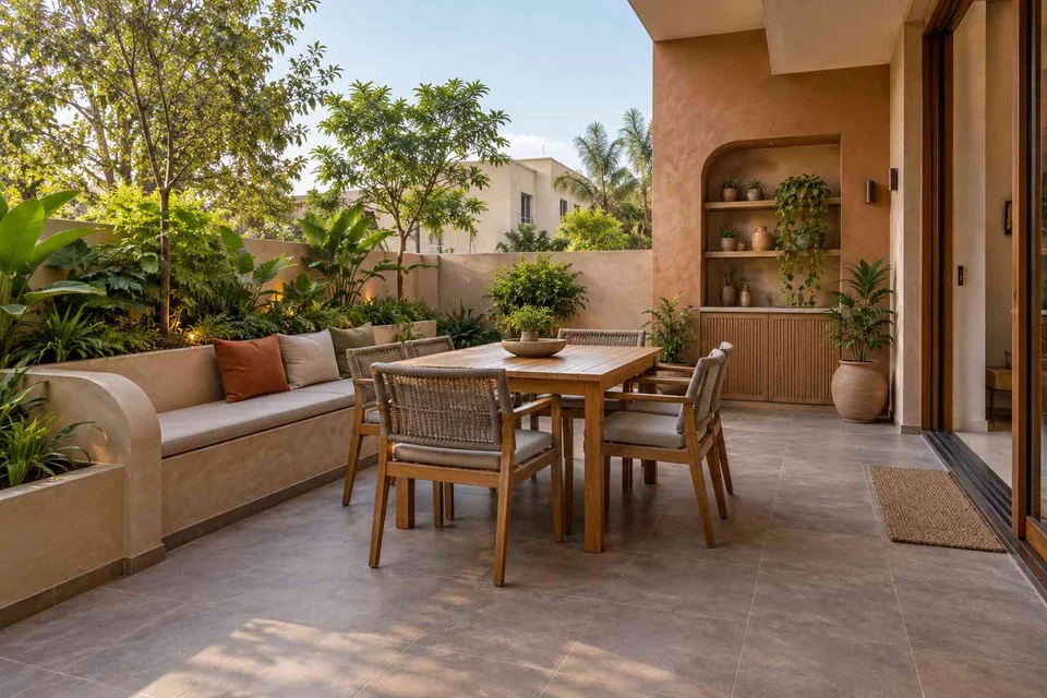 AI-generated outdoor concept: courtyard dining nook, earth and bamboo direction