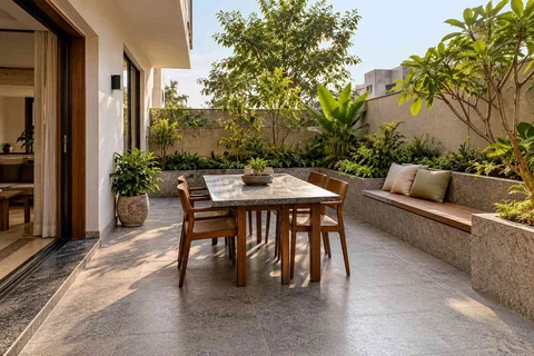 AI-generated outdoor concept: courtyard dining nook, granite precision direction