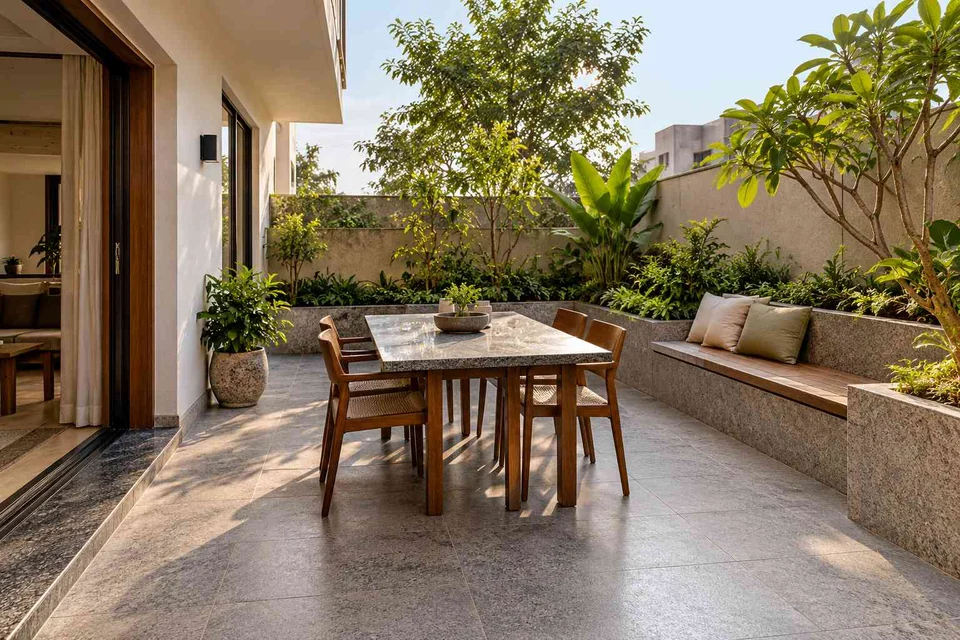 AI-generated outdoor concept: courtyard dining nook, granite precision direction